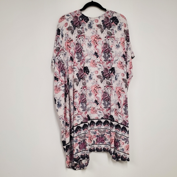 Angie Boho Floral Printed Longline Topper L Blue White Lightweight Flowy Beachy - Picture 2 of 10